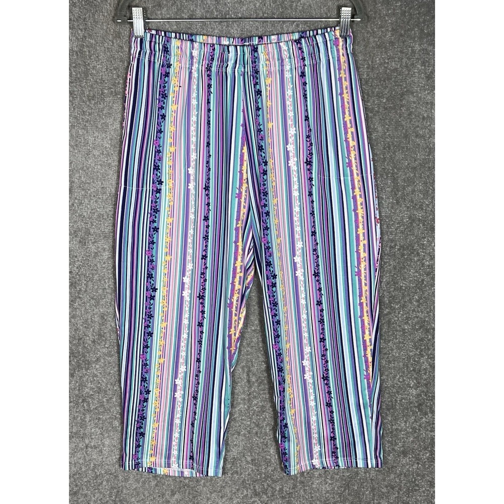 Cuddl Duds Pull On Pajama Lounge Pants Womens Size M Purple Teal Striped Pockets